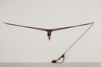 Senga Nengudi, R.S.V.P. Reverie "D", 2014, Nylon mesh, sand and copper, 162.56 × 381.00 × 22.86 cm, © Senga Nengudi Photo: George Darrell, Courtesy Sprüth Magers and White Cube