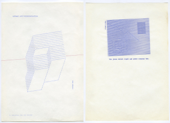 Left: Dom Sylvester Houédard, optimal self-dehistorisation, 1971, Typewritten material, typestract on paper, 29.7 x 21 cm, Framed: 41.5 x 32.5 cm, © The Artist; Courtesy Lisson Gallery. Right: Dom Sylvester Houédard, the jesus christ light and power company inc., 1971, Typewritten material, typestract on paper, 29.8 x 21 cm, Framed: 41.5 x 32.5 cm, © The Artist; Courtesy Lisson Gallery