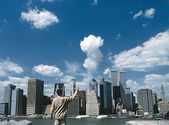 Cai Guo-Qiang, The Century with Mushroom Clouds: Project for the 20th Century (Looking toward Manhattan), 1996, Realized in New York City, April 20, 1996; approximately 3 sec., gunpowder (10 g) and cardboard tube, Photo: Hiro Ihara, Courtesy Cai Studio