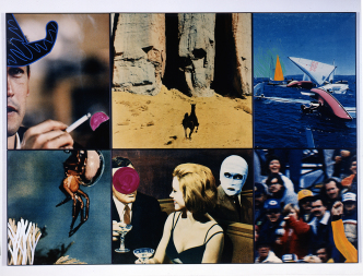 John Baldessari, Arrive (With Motives and Reasons), 1996, Colour photographs, acrylic paint and crayon (6 panels), 235 x 237 cm, The Sonnabend Collection and António Homem