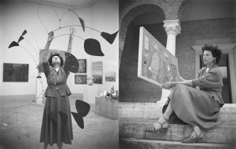 Left: Peggy Guggenheim on the steps of the Greek Pavillion, where she exhibited her collection, 24th Venice Biennale, with “Interior” (1945, unknown location) by her daughter Pegeen Vail; 1948, © Fondazione Solomon R. Guggenheim, Photo Archivio CameraphotoEpoche, donation Cassa di Risparmio di Venezia, 2005 Right: Peggy Guggenheim with Alexander Calder “Arc of Petals” at the Greek Pavilion, 24th Venice Biennale, 1948, © Fondazione Solomon R. Guggenheim, Photo: Archivio CameraphotoEpoche, donation Cassa di Risparmio di Venezia, 2005