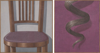 Left: Domenico Gnoli, Chair, 1969, Acrylic and sand on canvas, 160 x 160 cm, © Artists Rights Society (ARS)-New York/SIAE-Rome, Private Collection, Courtesy Luxembourg & Dayan-New York. Right: Domenico Gnoli, Curl, 1969, Acrylic and sand on canvas, 139 x 120 cm, © Artists Rights Society (ARS)-New York/SIAE-Rome, Private Collection, Courtesy Luxembourg & Dayan-New York