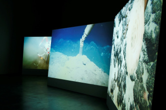 Installation of Armin Linke’s OCEANS - Dialogues between ocean floor and water column, a previous excerpt iteration of Prospecting Ocean, at Edith-Russ-Haus for Media Art, Oldenburg, 2017.