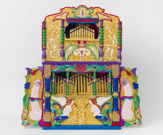 Jan Fabre, Sexy Orgue de Barbarie Belge (Sexy Street Organ), 2017, Series: Belgian Sexual Folklore, Published and Offered By Jan Fabre, The Good Belgian Artist, Wood, pigment, paper, polymer, metal, electronics, 146,6 x 145,2 x 42,1 cm, Photo: Pat Verbrueggen, ©Angelos bvba, Courtesy Templon-Paris/Brussels