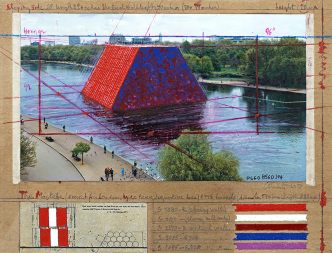 Christo, The Mastaba (Project for London, Hyde Park, Serpentine Lake), Collage, 2017, Pencil, wax crayon, enamel paint, colour photograph by Wolfgang Volz, technical data and tape on brown board 21.5 x 28 cm, Private collection-Switzerland, Photo: André Grossmann, © 2017 Christo