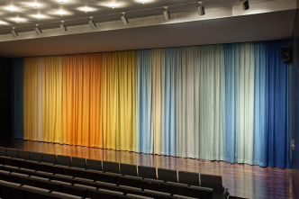 Olaf Nicolai, Colors from New Canaan (Curtain for the Auditorium of the Kunsthalle Bielefeld by Philipp Johnson), 2013, Curtain, Photo: Philip Ottendörfer, © Courtesy Galerie EIGEN + ART-Leipzig / Berlin, VG Bild Kunst-Bonn 2017