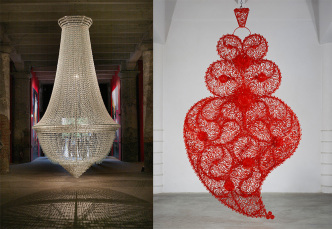 Left: Joana Vasconcelos, The Bride (A Noiva), 2001–2005, OB tampons, stainless steel, cotton thread, steel cables, 600 x Ø 300 cm, Museu de Arte Contemporânea de Elvas –Coleção António Cachola, Work produced and restored with the support of Johnson & Johnson, Lda, © Joana Vasconcelos, VEGAP-Bilbao, 2018. Right: Joana Vasconcelos, Red Independent Heart (Coração Independente Vermelho), 2005, Translucent plastic cutlery, painted iron, metal chain, power supply unit, motor, sound installation, 371 x 220 x 75 cm, Museu Colecção Berardo, © Joana Vasconcelos, VEGAP-Bilbao 2018