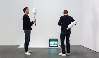 Viewers interacting with Franz West, Passstücke (mit Video mit Verwendungstips), 1996, during the exhibition Franz West at David Zwirner-New York, 2014, © 2018 Archive Franz West