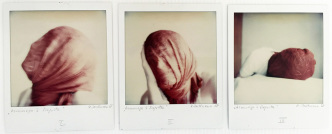 Renate Bertlmann, Hommage à Magritte, 1978, Titled, signed and dated on reverse, Set of 3 Polaroid photographs, Overall: 10.7 x 26.4 cm, © the Artist, Courtesy Richard Saltoun Gallery