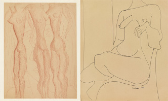 Left: Louise Nevelson, Untitled, 1928, Fabricated red chalk on paper: sheet, 44.8 × 34 cm, mount: 49.7 × 39.4 cm, Whitney Museum of American Art-New York; gift of the artist 69.220, © 2018 Estate of Louise Nevelson/Artists Rights Society (ARS), New York Right: Louise Nevelson, Untitled, 1930, Pen and ink on paper, 37.5 × 32.5 cm, Whitney Museum of American Art-New York; gift of the artist 69.231, © 2018 Estate of Louise Nevelson/Artists Rights Society (ARS)-New York