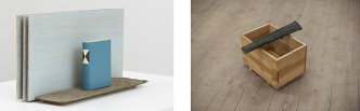 Left: Mark Manders, Landscape with Dictionary, 2014-2015, Painted wood, 42 x 80 x 28 cm. Right: Francisco Tropa, Untitled, 2012, Wooden box, bronze, 48 x 40 x 62 cm, Courtesy of the artists and PROYECTOSMONCLOVA