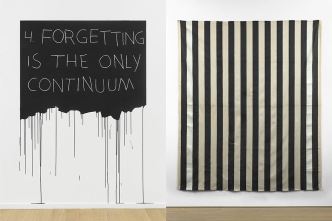 Left: Mel Bochner, Forgetting Is The Only Continuum, 1970 / 2018, Acrylic paint and oil pastel on wall, 180.3 x 121.9 cm,Edition 1 of 3, Courtesy Simon Lee Gallery. Right: Daniel Buren, Peinture acrylique blanche sur tissu rayé blanc et noir (White acrylic paint on striped black and white cotton canvas), 1971, Acrylic on cotton canvas wove in vertical black and white stripes 253 x 215 cm, Courtesy Simon Lee Gallery