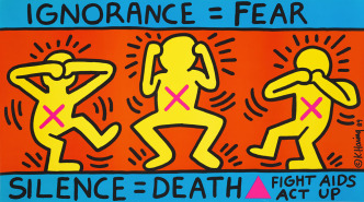 Keith Haring, Ignorance = Fear / Silence = Death, 1989, Offset lithograph, 61.1 × 109.4 cm, Whitney Museum of American Art, New York; gift of David W. Kiehl in honor of Patrick Moore 2014.265, Artwork © Keith Haring Foundation