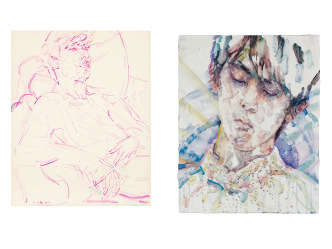 Left: Elizabeth Peyton, Sander (Sander Lak), 2018, Pastel on paper, 45.1 x 35.6 cm, © Elizabeth Peyton, Photo: Kristian Emdal, Courtesy Galerie Thaddaeus Ropac-London/Paris/Salzburg. Right: Elizabeth Peyton, Hanyu (Yuzuru Hanyu), 2018, Oil on board, 36 x 28,5 cm, © Elizabeth Peyton, Photo: Kristian Emdal, Courtesy Galerie Thaddaeus Ropac-London/Paris/Salzburg