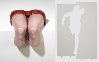 Left: Sérgio Pombo, Untitled (Knees), 1973, Polychromed polyester, Calouste Gulbenkian Museum – Modern Collection, inv. 82E1143. Right: Ana Vieira, Untitled, 1968, Enamel paint on wood, 113 x 183 x 16 cm, Collection Fundação de Serralves – Museu de Arte Contemporânea-Porto, Portugal. Acquisition 1998, inv. FS 0564. Photo: Filipe Braga, © Fundação de Serralves-Porto, © Ana Vieira