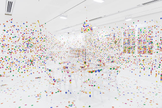 Installation view: Yayoi Kusama, The obliteration room, 2002–present, Furniture, white paint, dot stickers, Collaboration between Yayoi Kusama and Queensland Art Gallery. Commissioned by the Queensland Art Gallery, Gift of the artist through the Queensland Art Gallery Foundation 2012, Collection: Queensland Art Gallery, © Yayoi Kusama / Courtesy: Yayoi Kusama Studio, Inc.