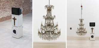 Left to Right: Danh Vo, Oma Totem, 2009, Philips tv, Gorenje washing machine, Bomann mini refrigerator, wooden crucifix, Private collection-Torino. Danh Vo, 08:03, 28.05, 2009, Chandelier, late 17th century, National Gallery of Denmark (SMK) Collection, Photo: Nick Ash.Installation view: Danh Vo وادي الحجارة , Museo Jumex, Mexico City,2015, Photo: Abigail Enzaldo and Emilio Bernabé García, Courtesy Museo Jumex-Mexico City