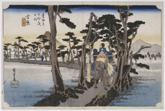 Utagawa Hiroshige, Fuji from Yoshiwara (14th station), from the series Fifty-Three Stations of the Tōkaidō, 1833–34 Print, Paris, Musée National des Arts Asiatiques - Guimet, © RMN-Grand Palais (MNAAG, Paris) / Harry Bréjat