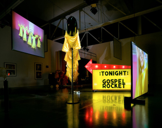 Mike Kelley, Extracurricular Activity Projective Reconstruction #27 (Gospel Rocket), 2004–05, Mixed media with video projections, 228.6 × 508 × 563.9 cm, © Mike Kelley Foundation for the Arts. All rights reserved/Licensed by VAGA at Artists Rights Society (ARS)0New York. Photo: Fredrik Nilsen