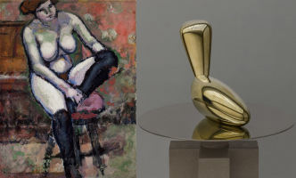 Left: Marcel Duchamp, Femme nue aux bas noirs (Nude with Black Stockings), 1910, oil on canvas, 116 x 89 cm. Photo: Francisco Cohen, Kasmin Gallery Archive. Right: Constantin Brancusi, Léda (Leda), 1926, polished bronze, 54 x 70 x 24 cm. Edition of 5, cast in 2016 by Susse Fondeur, Paris. Photo: Chris Stach, Kasmin Gallery Archive