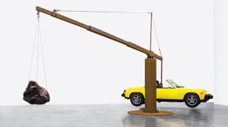 Chris Burden, Porsche with Meteorite, 2013, Restored 1974 Porsche 914, 390 pound meteorite, steel structure, © 2018 Chris Burden / licensed by The Chris Burden Estate and Artists Rights Society (ARS)-New York, Courtesy Gagosian