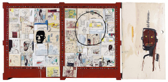 Jean-Michel Basquiat, Negro Period, 1986, Acrylic, oil, paper collage, and bottle caps on wood, 143.8 × 306.1 × 16.2 cm Fondation Louis Vuitton, © Estate of Jean-Michel Basquiat. Licensed by Artestar-New York. Picture: © Fondation Louis Vuitton