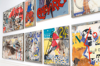 “Mimmo Rotella Manifesto”, exhibition view at Galleria Nazionale d’arte Moderna e Contemporanea, Rome, 2018, poster-ensemble of the Acrylics (1984) and Sovrapitture (1988–1995), detail