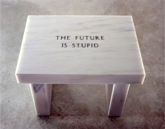 Jenny Holzer, Selection from Survival: The future..., 2006, White marble footstool, Text: Survival (1983-85) © 2018 Jenny Holzer, member Artists Rights Society (ARS)-New York, Courtesy Sprüth Magers