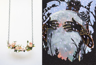 Left: Devan Shimoyama, For Tamir III, 2018, Courtesy of the artist. Right: Devan Shimoyama, Cry, Baby, 2016, Courtesy of Howard C. Eglit and the artist