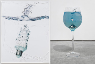 Left: Nina Beier, Demonstrator,2015, Vinyl print on frame, 155.3 x 121.9 cm, © Nina Beier, Courtesy the artist and Metro Pictures Archive, Right: Nina Beier, Plunge, 2015, Faucet, coins, resin, wine glass, 74.3 x 24.1 x 24.1 cm, © Nina Beier, Courtesy the artist and Metro Pictures Archive