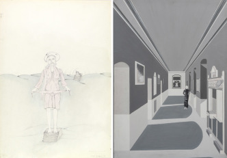 Left: Birgit Jürgenssen, Guten Morgen/Good Morning, 1972, Pencil, colored pencil on handmade paper, 62.8 x 43.5 cm, © Estate Birgit Jürgenssen, Courtesy Estate Birgit Jürgenssen and Gladstone Gallery-New York/Brussels. Right: Birgit Jürgenssen, Ohne Titel/Untitled, 1973, Tempera on cardboard, 60 x 34 cm, © Estate Birgit Jürgenssen, Courtesy Estate Birgit Jürgenssen and Gladstone Gallery-New York/Brussels