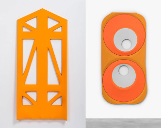 Left: Blair Thurman, Double Pumpkin, 2015, Painting - Acrylic on canvas, wood, 149.9 x 66 x 12.1 cm, © Blair Thurman, Courtesy the artist and Peres projects. Right: Blair Thurman, Cheetos & Thanatos, 2017, Painting - Acrylic on canvas on wood, 236.2 x 114.3 x 10.2 cm, © Blair Thurman, Courtesy the artist and Peres projects