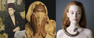 Left: Youssef Nabil, Lonely Pasha, Cairo 2002, 2002, © Youssef Nabil, Courtesy of the artist and Galerie Nathalie Obadia-Paris/Brussels. Center: Andres Serrano, Fatima, was Imprisoned and Tortured in Sudan (Torture), 2015, © Andres Serrano, Courtesy of the artist and Galerie Nathalie Obadia-Paris/Brussels. Right: Jean-Baptiste Huynh, Laura au serpent III, 2012, © Jean-Baptiste Huynh - Courtesy Galerie Lelong & Co