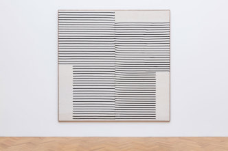 Brent Wadden, Untitled, 2018, Handwoven fibers, wool, cotton and acrylic on canvas, 232 cm × 232 cm × 4 cm, © Brent Wadden, Courtesy Pace Gallery