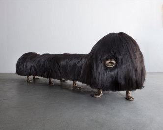 The Haas Brothers, Uma Worm-an, 2018, Black Icelandic Sheep Skin, Cast Bronze Beast Bench, 87" x 26" x 25.5", Courtesy of the artists, R & Company-New York and Marianne Boesky Gallery-New York/Aspen, © The Haas Brothers. Photo: Joe Kramm