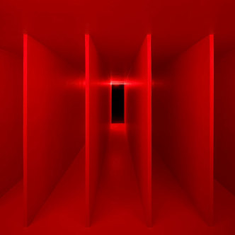 Lucio Fontana, Spatial Environment in Red Light (Ambiente Spaziale a Luce Rossa), 1967/2019, Painted wood, glass tubes, neon, and mixed media, 220 × 600 × 490 cm, Reconstruction authorized by Fondazione Lucio Fontana – project, Pirelli HangarBicocca 2017. Installation view, “Lucio Fontana: Ambienti / Environments,” Pirelli HangarBicocca-Milan, 2017-18