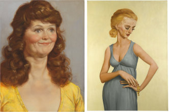 Left: John Currin, Crystal’s Friend, 2011, Oil on canvas, 61 x 45.7 cm, © John Currin, Courtesy the artist and Gagosian. Right: John Currin, Miss Fenwick, 1996, 112 x 81.3 cm, © John Currin, Courtesy the artist and Gagosian