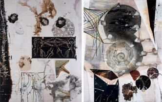 Left: Jitish Kallat, Palindrome/Anagram Painting, 2018, Acrylic, gesso, lacquer, charcoal, and aquarelle pencil on linen, 243,8 x 182,9 cm, © Jitish Kallat, Courtesy the artist and Galerie Templon. Right: Jitish Kallat, Palindrome/Anagram Painting, 2017-18, Acrylic, gesso, lacquer, charcoal, and aquarelle pencil on linen, 2434 x 183 cm, © Jitish Kallat, Courtesy the artist and Galerie Templon