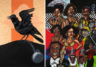 Left: Keith Duncan, The Crow, 2011, Acrylic on paper, 36 x 24 inches, © Keith Duncan, Courtesy the artist and Fort Gansevroot. Right: Keith Duncan, Black Star Era, 2017, Acrylic on fabric mounted on canvas, 24 x 18 inches, © Keith Duncan, Courtesy the artist and Fort Gansevroot