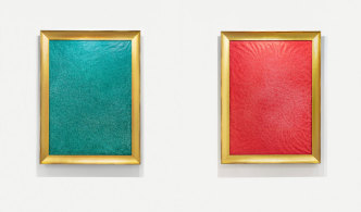 Left: Serena Fineschi, Ingannare l’Attesa (Verde Veronese), 2019, green Bic Cristal pen, 156 x 111 cm (with frame), © Serena Fineschi, Courtesy the artist and Marignana Arte. Right: Serena Fineschi, Ingannare l’Attesa (Rosso Tiziano), 2019, red Bic Cristal pen, 156 x 111 cm (with frame), © Serena Fineschi, Courtesy the artist and Marignana Arte