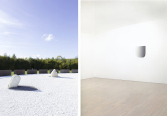 Left: Lee Ufan, Relatum - The Shadow of the Stars, 2014, Steel, 7 stones and gravel of white marble, 200 x 4500 x 4000 cm, View of the exhibition “Lee Ufan Versailles”, Château de Versailles, 2014, Photo. archives Kamel Mennour, Courtesy the artist, Kamel Mennour-Paris/London and Pace-New York, © Adagp, Paris, 2018. Right: Lee Ufan, Dialogue, 2010, Installation at the Lee Ufan Museum in Naoshima, Mural, Space on the ground, 720 x 900 cm 330 cm (minimum height), 360 cm (maximum height), Courtesy the artist and Kamel Mennour-Paris / London, © Adagp, Paris, 2018