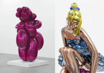 Left: Jeff Koons, Balloon Venus (Magenta), 2008-12, Mirror-polished stainless steel with transparent colour coating, 259.1 x 121.9 x 127 cm, © Jeff Koons, 5 unique versions (Magenta, Red, Violet, Yellow, Orange), Courtesy the artist and Ashmolean Museum. Right: Jeff Koons, Seated Ballerina, 2010-15, Mirror-polished stainless steel with transparent colour coating, 210.8 x 113.5 x 199.8 cm, © Jeff Koons, Artist’s proof, Edition of 3), Courtesy the artist and Ashmolean Museum