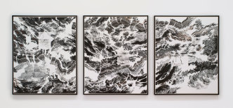 Abdelkader Benchamma, Engramme, 2019, Ink, asphalt and paint on paper, Triptych, Each panel 200 x 150 cm, Photo: B. Huet/ Tutti, © Abdelkader Benchamma, Courtesy Templon-Paris & Brussels