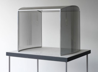 Dan Graham, Portal Model, 1997, Two Way Mirror, Glass Aluminum Painted Wood, Courtesy the Artist and Lisson Gallery