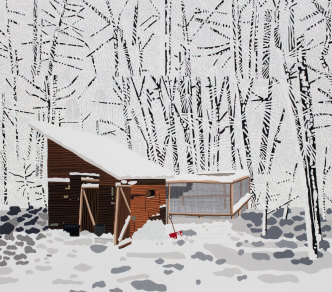 Jonas Wood, Snowscape with Barn, 2017, Oil and acrylic on canvas, 106 x 120 in., Dallas Museum of Art, TWO X TWO for AUIDS and Art Fund, 2018.22, Courtesy the artist and David Kordansky Gallery, Photo: Brian Forrest