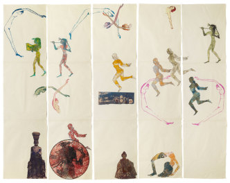 Nancy Spero. The Goddess Nut II. 1990. Handprinting and printed collage on paper. Five panels: 213.4 x 279.4 cm overall. © 2019 The Nancy Spero and Leon Golub Foundation for the Arts/Licensed by VAGA at ARS, NY, Courtesy Galerie Lelong & Co. Photo: Michael Bodycomb