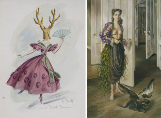 Left: Dorothea Tanning, Costume for Night Shadow: A Guest, 1945, Watercolour and wash on paper, 353 x 251 mm, The Destina Foundation-New York, © DACS, 2019. Right: Dorothea Tanning, Birthday, 1942, Oil paint on canvas, 1022 x 648 mm, Philadelphia Museum of Art (Philadelphia, US), © DACS, 2019