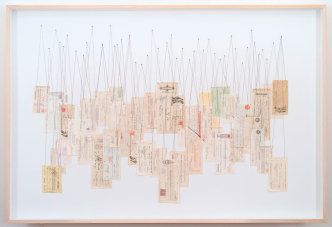 Rodrigo Matheus, Valeur Instable, 2018, Documents, threads and pins, 122 x 180 cm, Courtesy of the artist and Galerie Nathalie Obadia-Paris/Brussels, Photo: Bertrand Huet