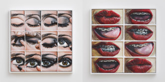 Left: Gina Beavers. Smoky Eye Tutorial. 2014. Acrylic and wood on canvas panel. Courtesy the artist. Right: Gina Beavers. Who Has Braces? 2014. Acrylic and wood on canvas panel with wood frame. Courtesy the artist