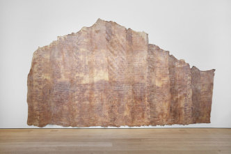 Heidi Bucher, Elfenbornhaut, Fridericianum, Kassel, 1982, Latex, textile, and mother of pearl pigment, 405 x 700 cm, © Heidi Bucher, Courtesy the artist and Lehmann Maupin Gallery